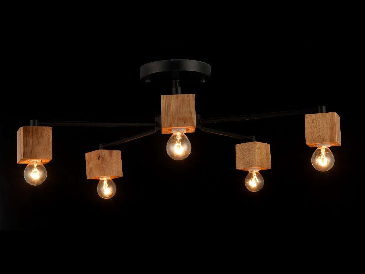 Lámpara Techo Madera Lineal Salón OSLO | Negro/Madera 5 Luces