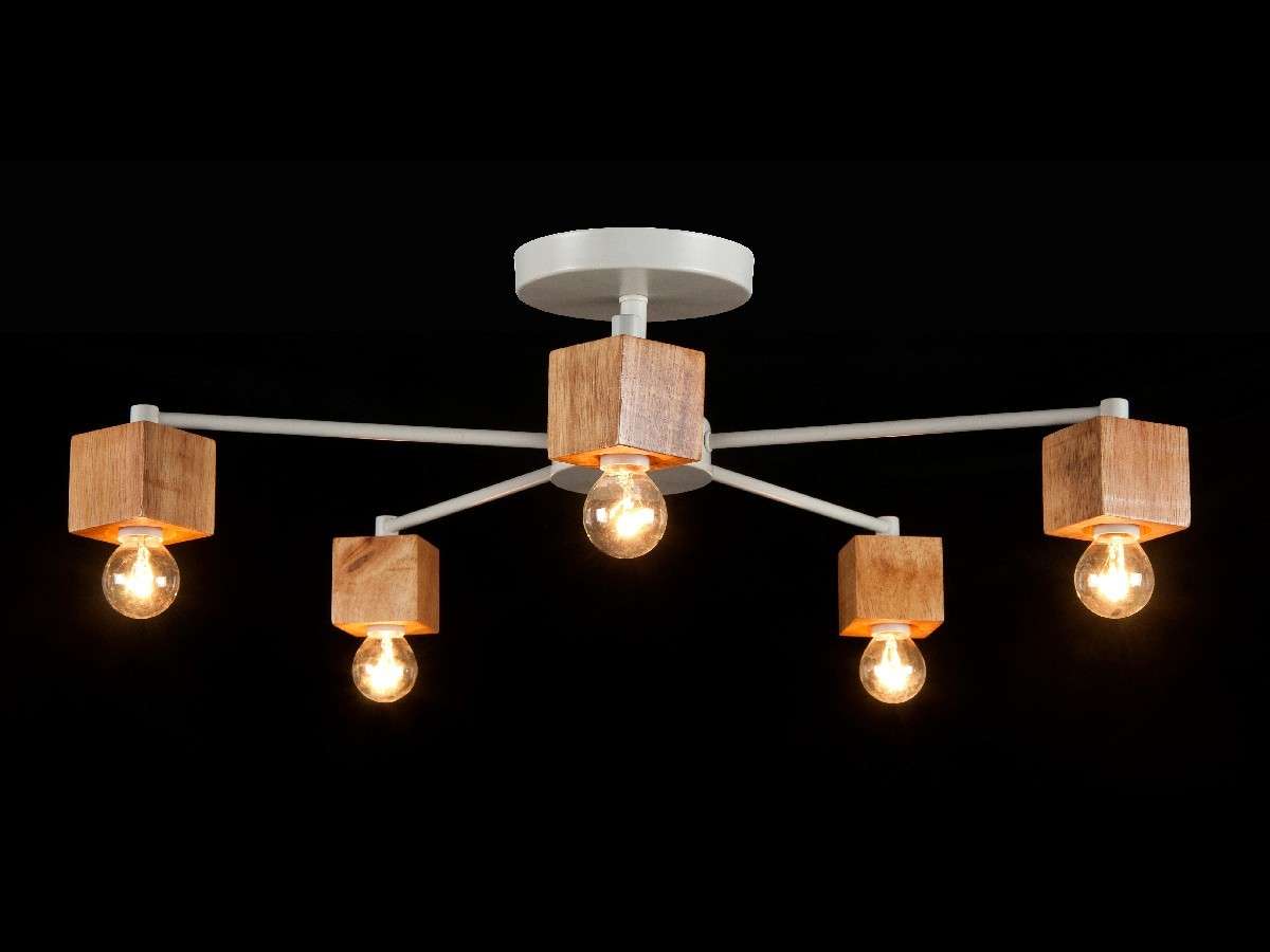Lámpara Techo Madera Lineal Salón OSLO | Blanco/Madera 5 Luces