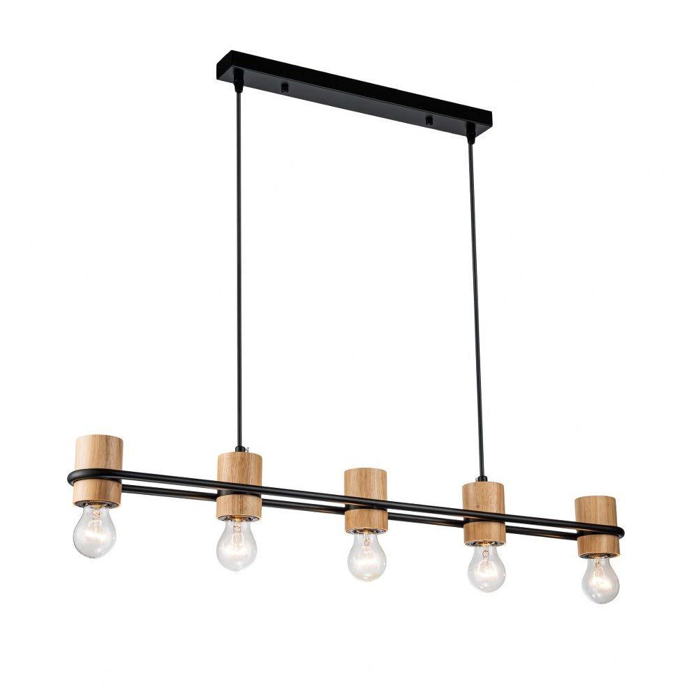 Lámpara Colgante Madera Salón WOODY | Negro/Natural 5 Luces E27