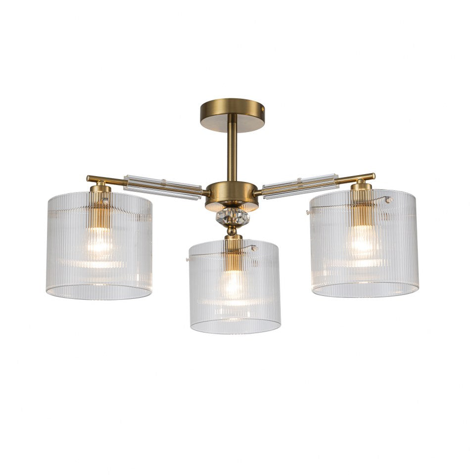 Lámpara Techo Cristal Cilíndrica Salón CAVAYA | Dorado 3 Luces