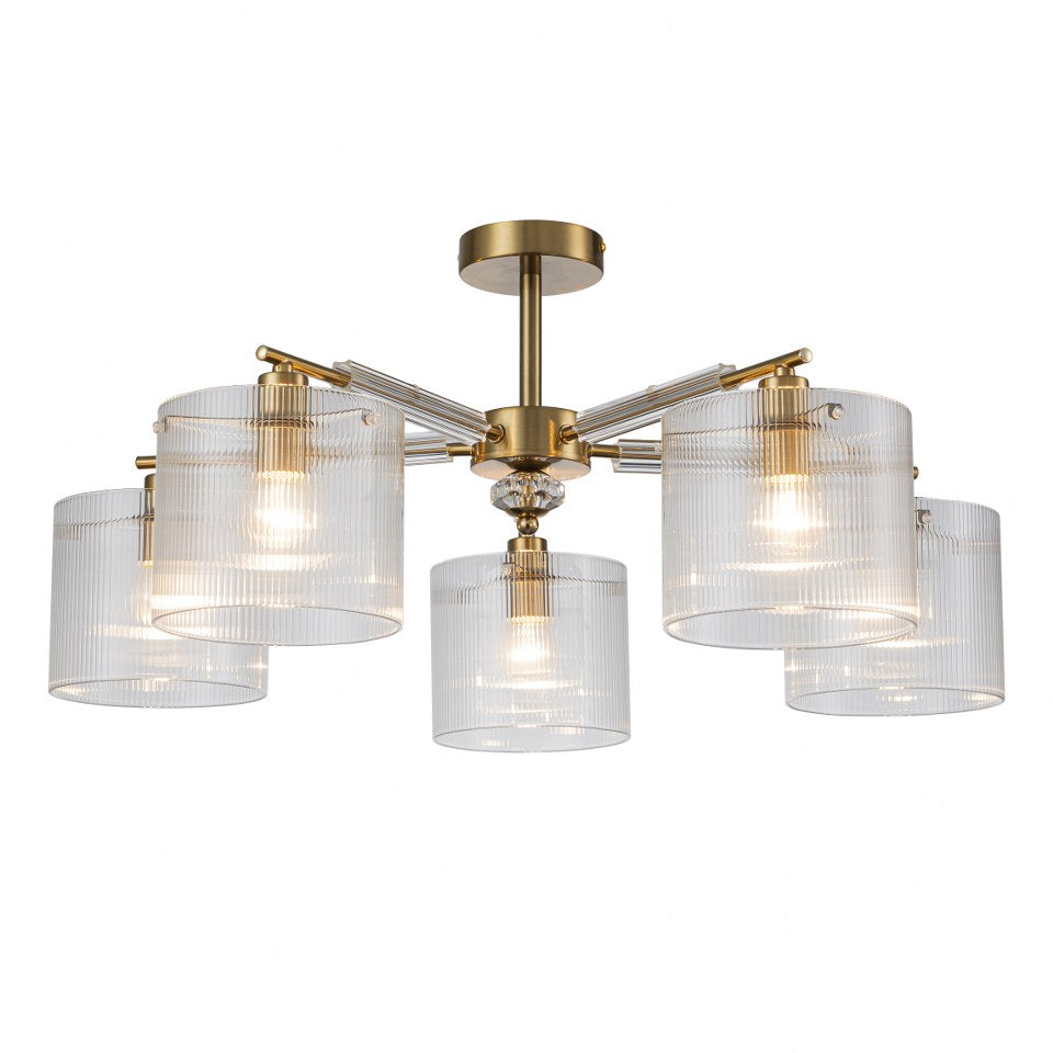 Lámpara Techo Cristal Cilíndrica Salón CAVAYA | Dorado 5 Luces
