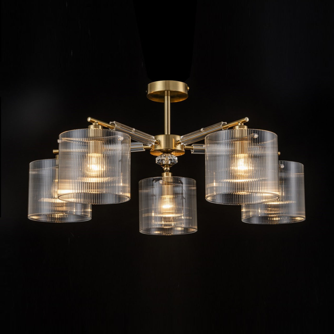 Lámpara Techo Cristal Cilíndrica Salón CAVAYA | Dorado 5 Luces