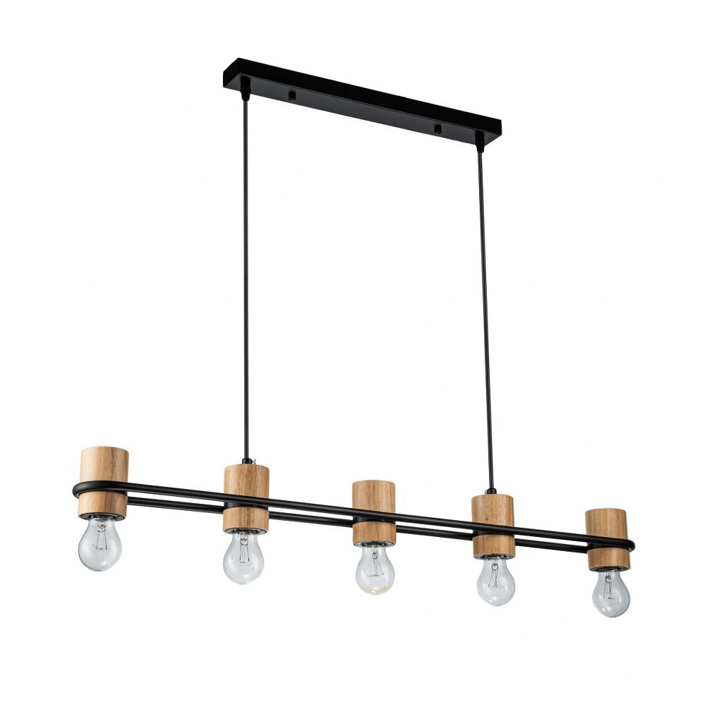 Lámpara Colgante Madera Salón WOODY | Negro/Natural 5 Luces E27