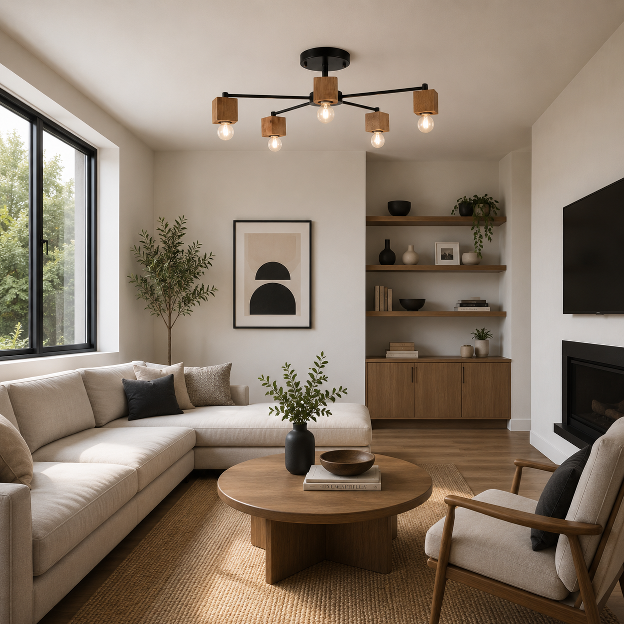 Lámpara Techo Madera Lineal Salón OSLO | Negro/Madera 5 Luces