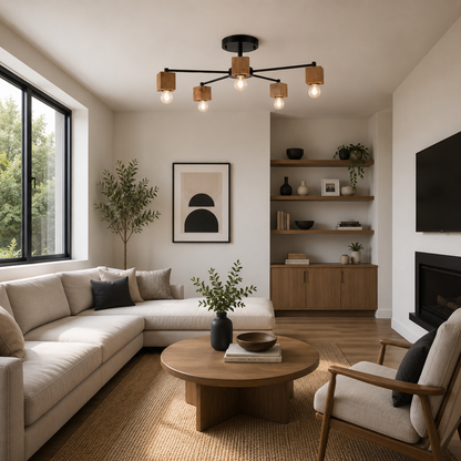 Lámpara Techo Madera Lineal Salón OSLO | Negro/Madera 5 Luces