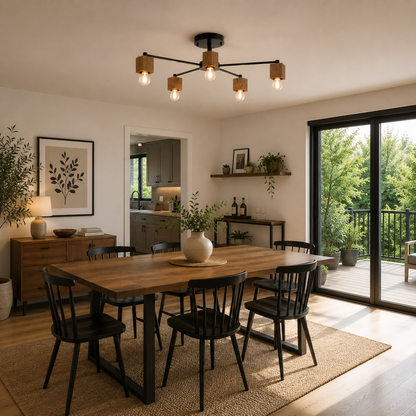 Lámpara Techo Madera Lineal Salón OSLO | Negro/Madera 5 Luces