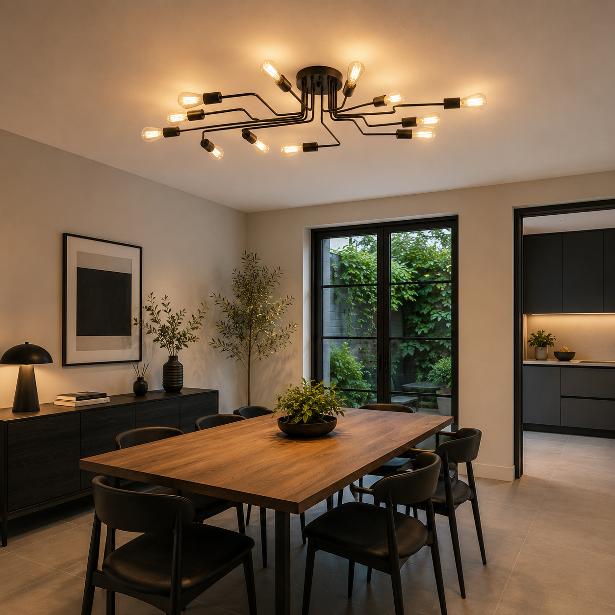Lámpara Techo Metal Lineal Salón CLEBER | Negro 12 Luces E27