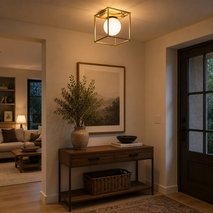 Plafón Cubo Metal Salón MONER | Oro Cristal Opal 1 Luz G9