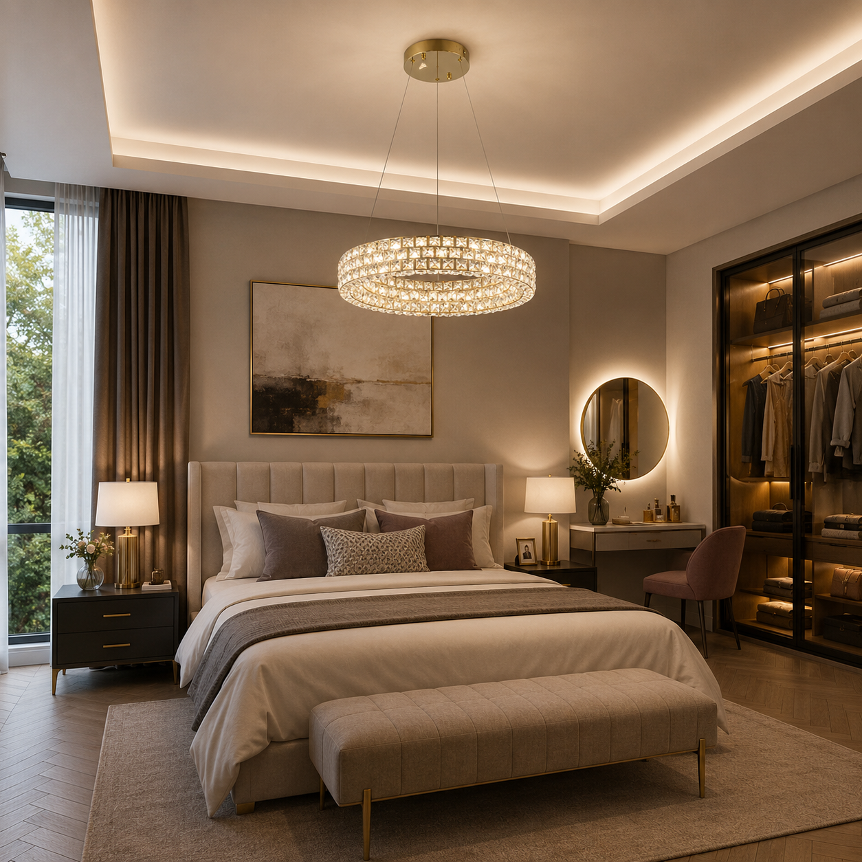Lámpara Colgante LED Cristal Redonda Habitación AURORA | Dorada