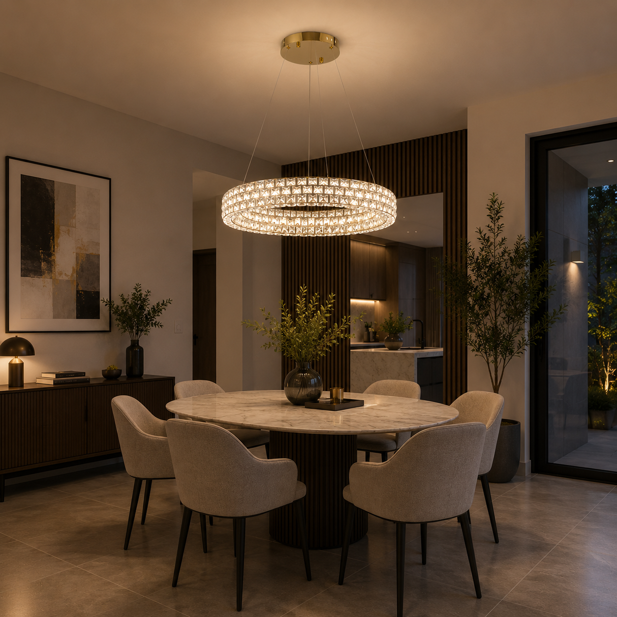 Lámpara Colgante LED Cristal Redonda Habitación AURORA | Dorada