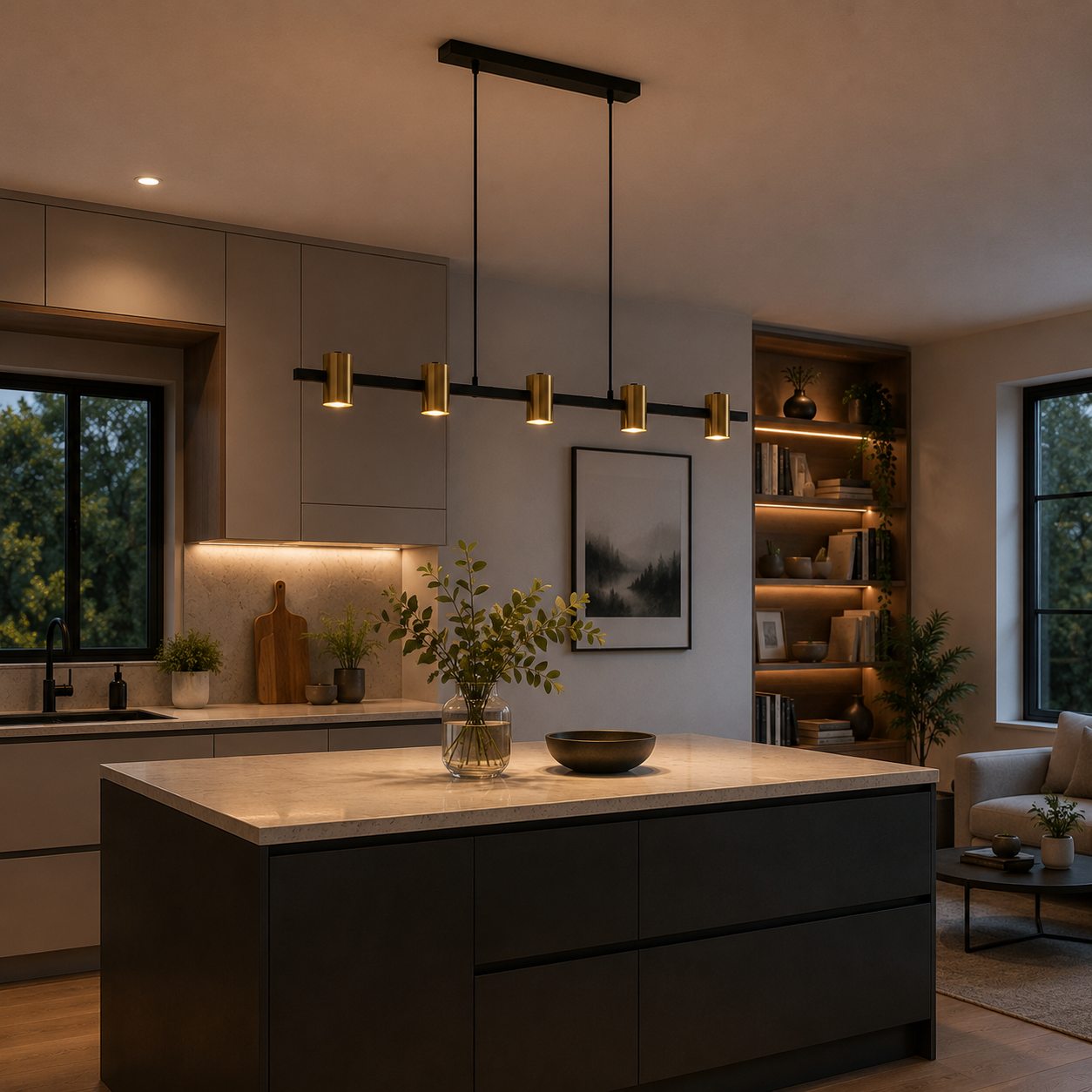 Lámpara Colgante Focos Comedor AXIS | Negro/Dorado 6 Luces GU10