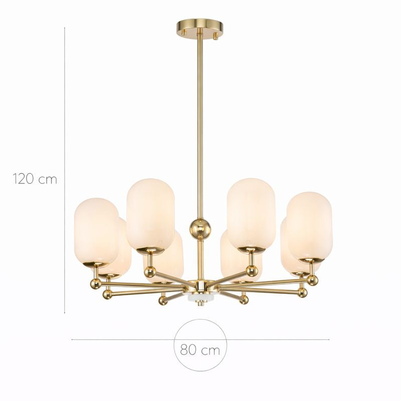 Lámpara Techo Cristal Opal Salón PACA | Dorado 8 Luces E14