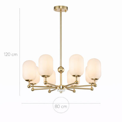 Lámpara Techo Cristal Opal Salón PACA | Dorado 8 Luces E14