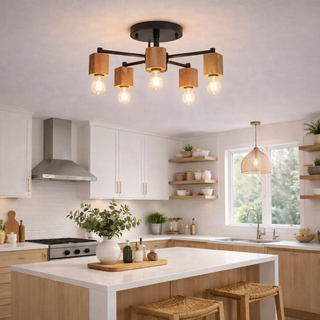 Lámpara Techo Madera Lineal Salón OSLO | Negro/Madera 5 Luces