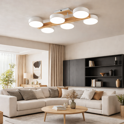 Plafón LED Madera Circular Salón NORDIC | Blanco 6 Luces CCT