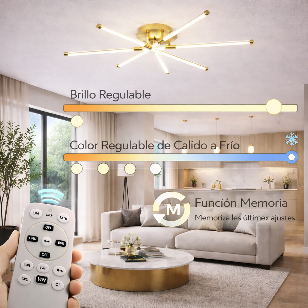 Lámpara LED Lineal Techo Salón FUSION | Oro 8 Luces CCT