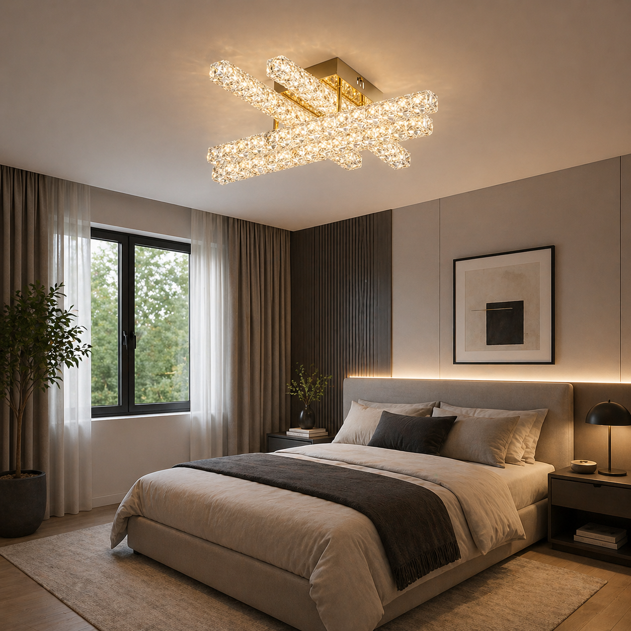 Lámpara Techo Cristal Rectangular Salón INFINITY | Dorado LED