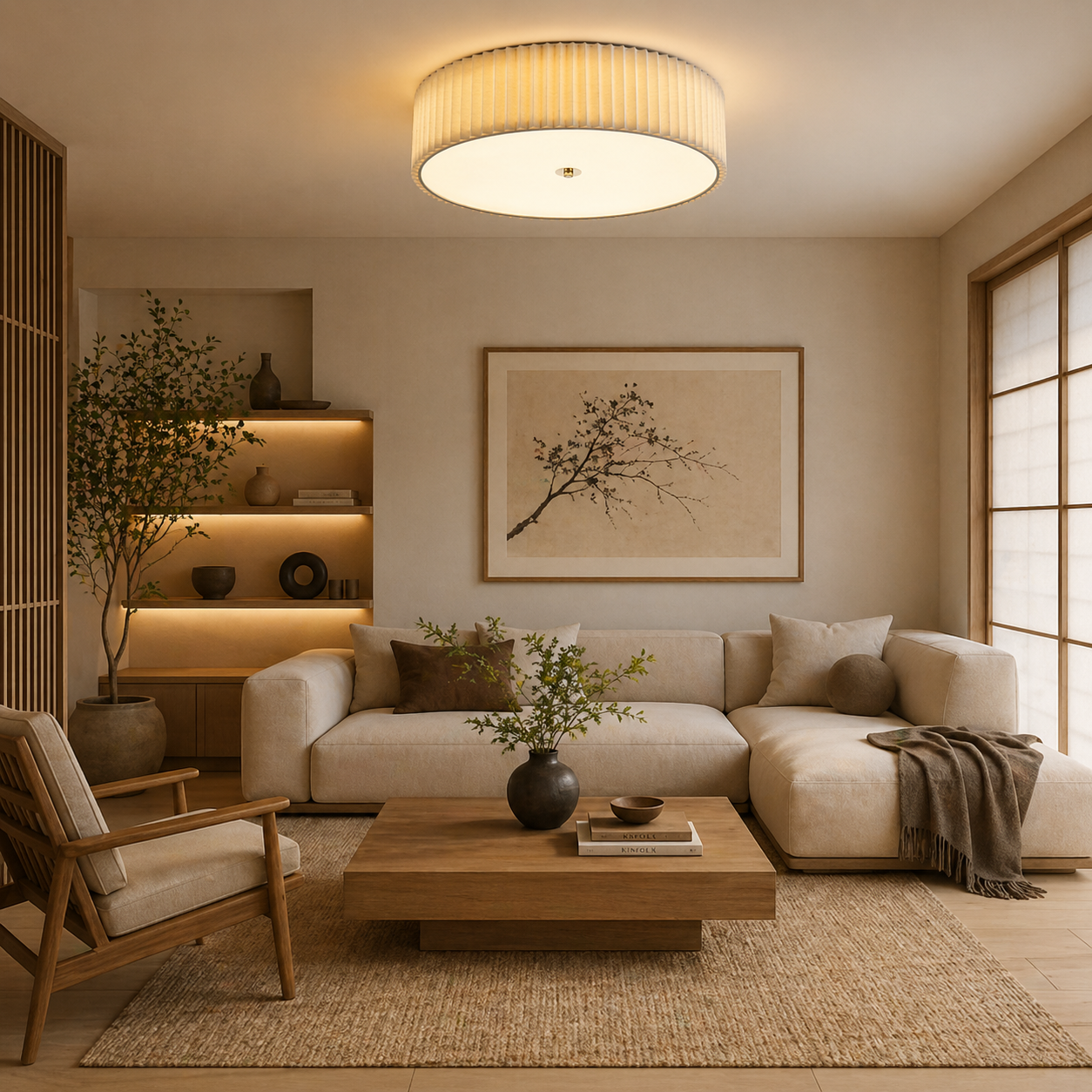 Plafón Tela Circular Techo Dormitorio LIGNO | Beige LED D50