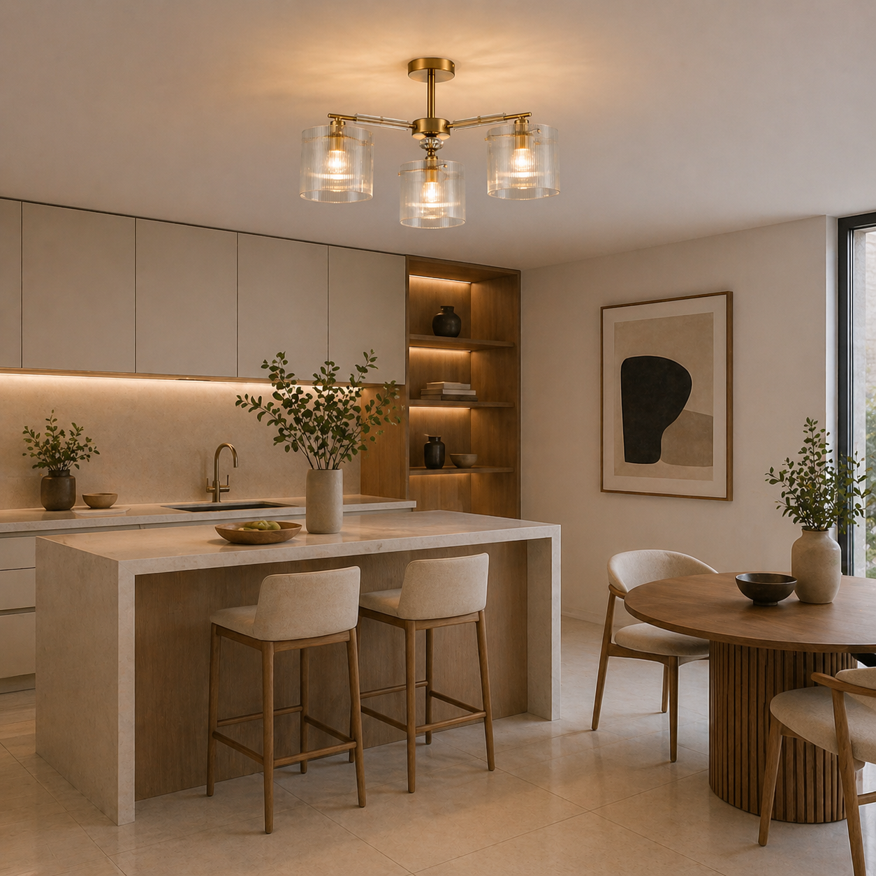 Lámpara Techo Cristal Cilíndrica Salón CAVAYA | Dorado 3 Luces