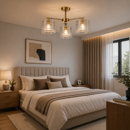 Lámpara Techo Cristal Cilíndrica Salón CAVAYA | Dorado 3 Luces