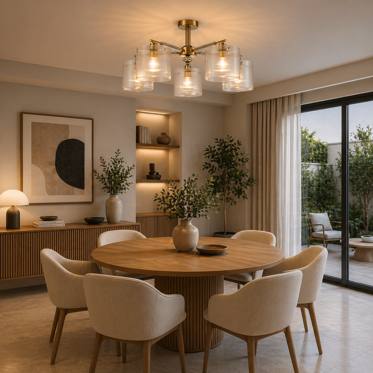 Lámpara Techo Cristal Cilíndrica Salón CAVAYA | Dorado 5 Luces