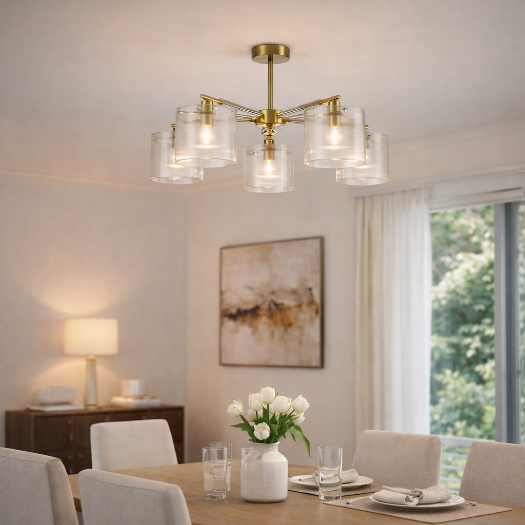 Lámpara Techo Cristal Cilíndrica Salón CAVAYA | Dorado 5 Luces