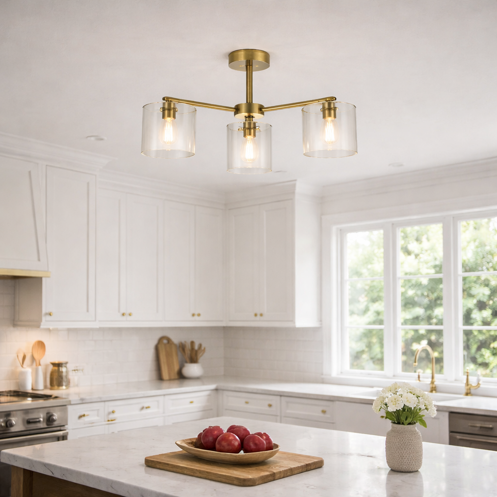 Lámpara Techo Cristal Cilíndrica Salón CAVAYA | Dorado 3 Luces