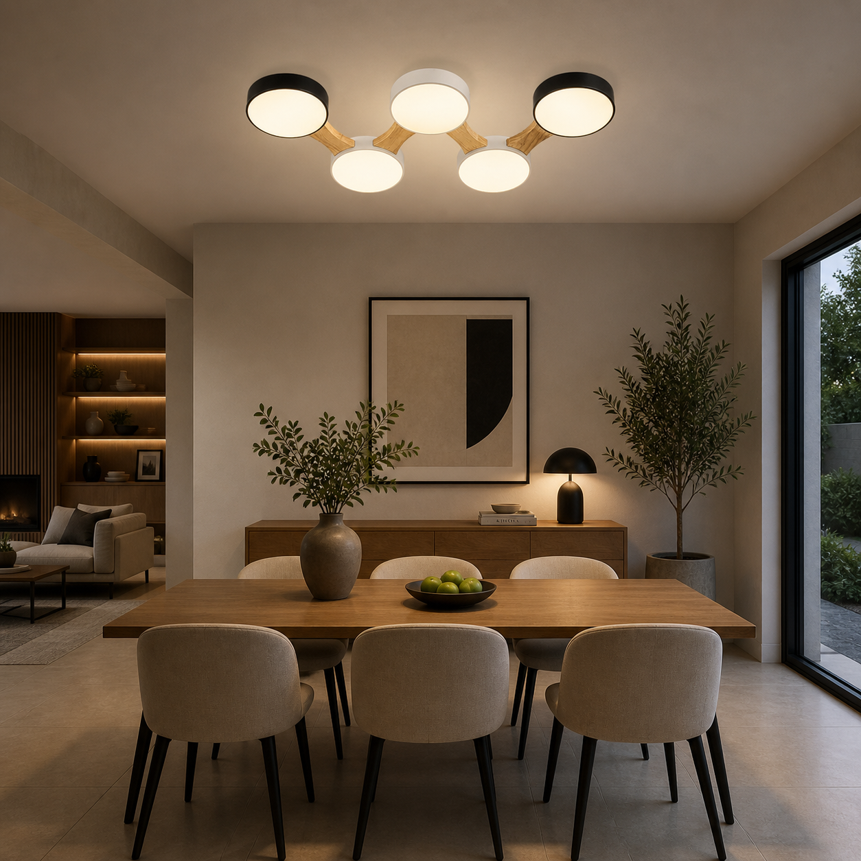 Lámpara LED Madera Circular Salón LEDI | Blanco/Negro CCT