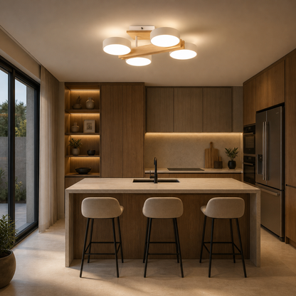 Plafón LED Madera Circular Salón NORDIC | Blanco 4 Luces CCT