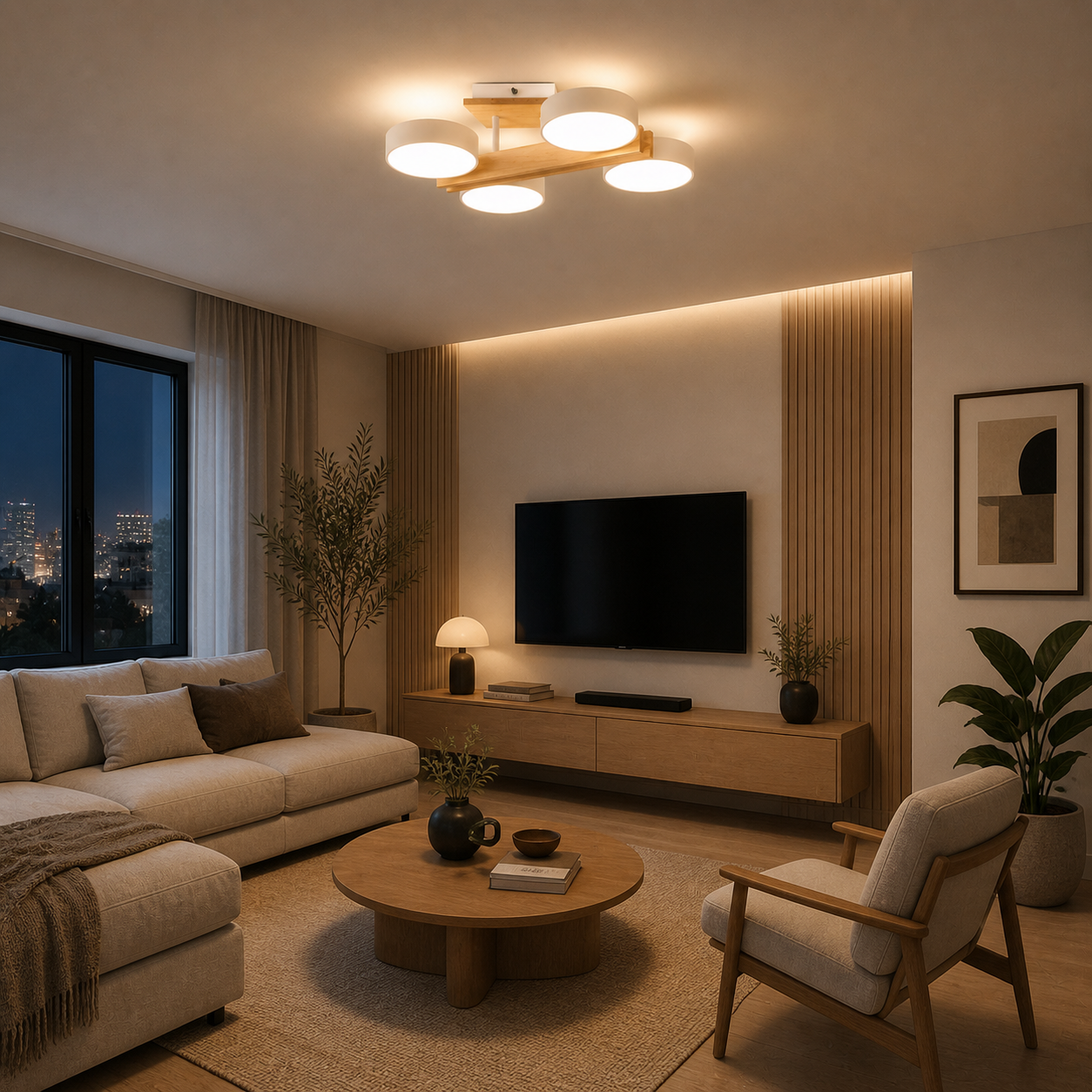 Plafón LED Madera Circular Salón NORDIC | Blanco 4 Luces CCT