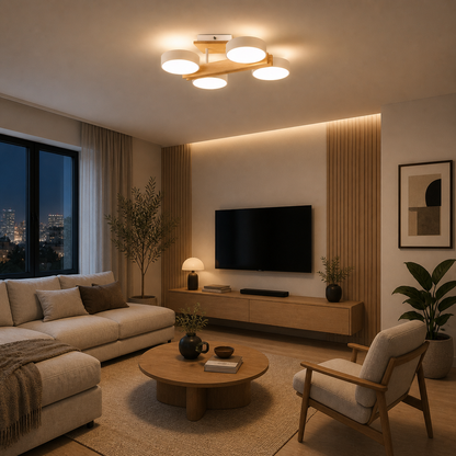Plafón LED Madera Circular Salón NORDIC | Blanco 4 Luces CCT