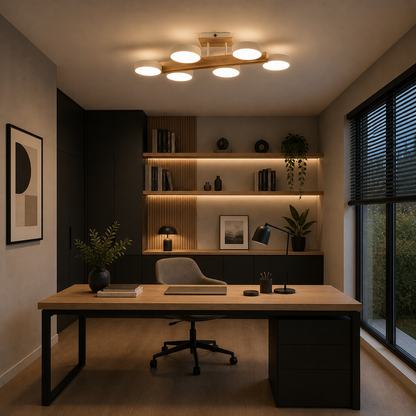 Plafón LED Madera Circular Salón NORDIC | Blanco 6 Luces CCT