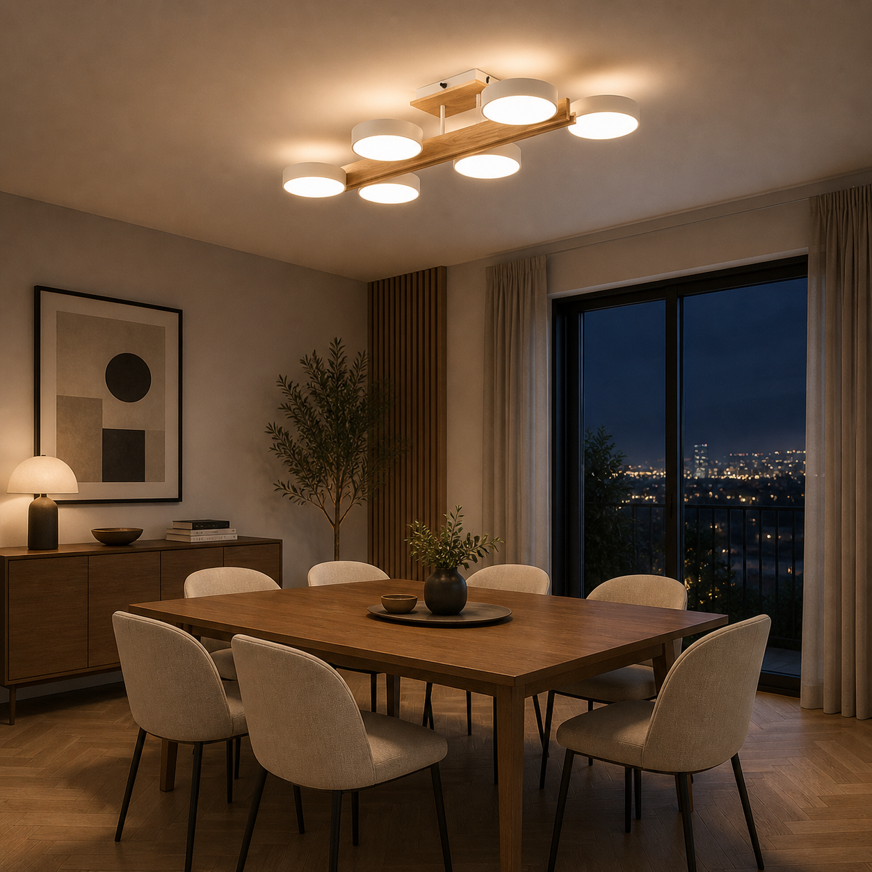 Plafón LED Madera Circular Salón NORDIC | Blanco 6 Luces CCT