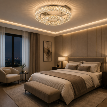 Plafón Cristal Circular Salón INFINITY | Cromo 2 Aros LED