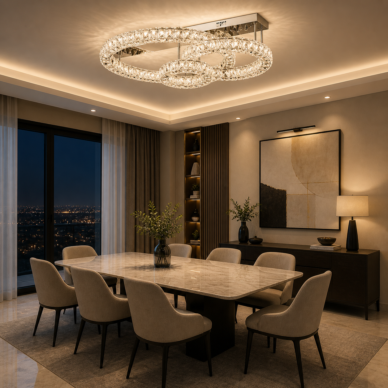 Plafón Cristal Circular Salón INFINITY | Cromo 3 Aros LED