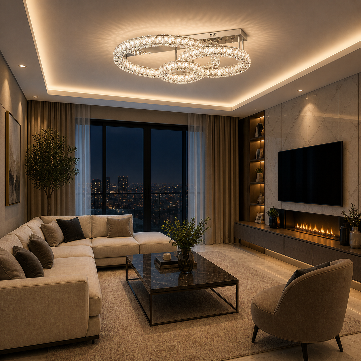 Plafón Cristal Circular Salón INFINITY | Cromo 3 Aros LED