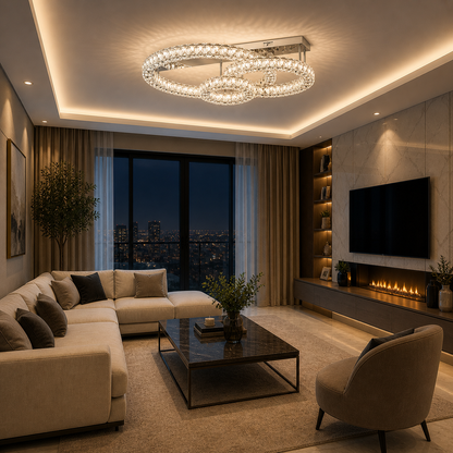 Plafón Cristal Circular Salón INFINITY | Cromo 3 Aros LED