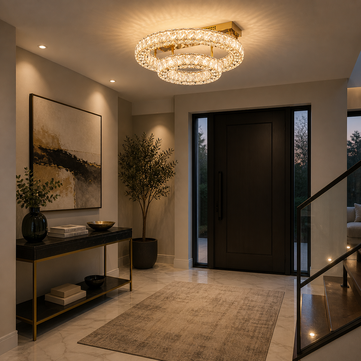 Plafón Cristal Circular Salón INFINITY | Dorado 2 Aros LED
