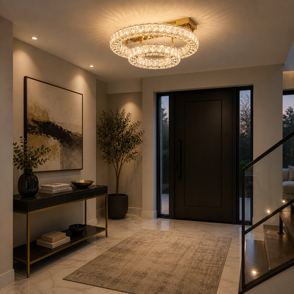 Plafón Cristal Circular Salón INFINITY | Dorado 2 Aros LED