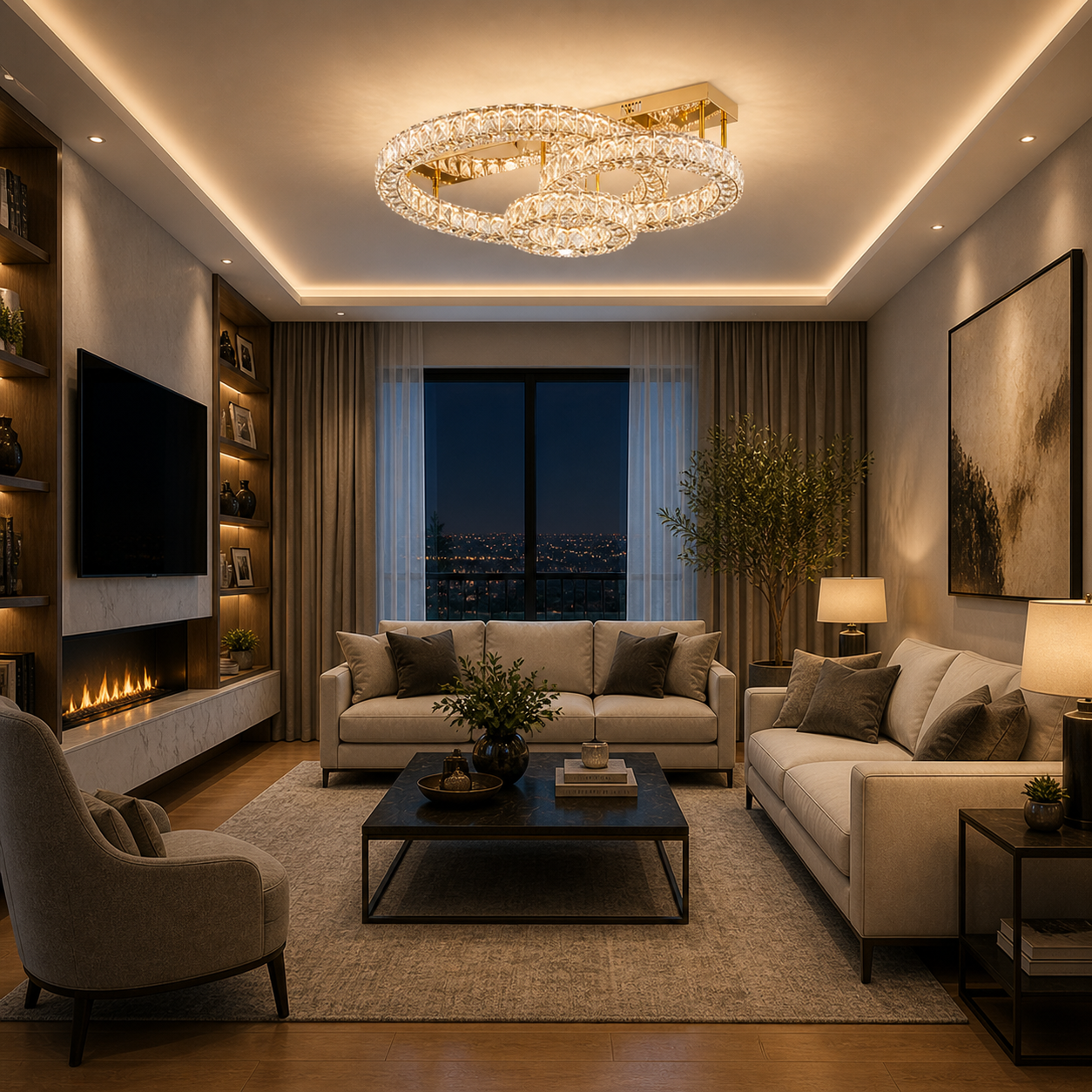 Plafón Cristal Circular Salón INFINITY | Dorado 3 Aros LED