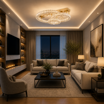 Plafón Cristal Circular Salón INFINITY | Dorado 3 Aros LED