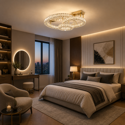 Plafón Cristal Circular Salón INFINITY | Dorado 3 Aros LED
