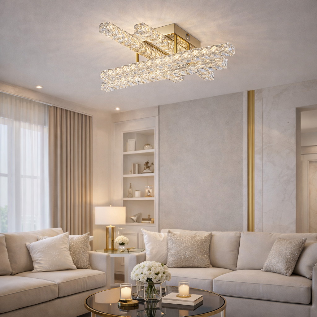 Lámpara Techo Cristal Rectangular Salón INFINITY | Dorado LED