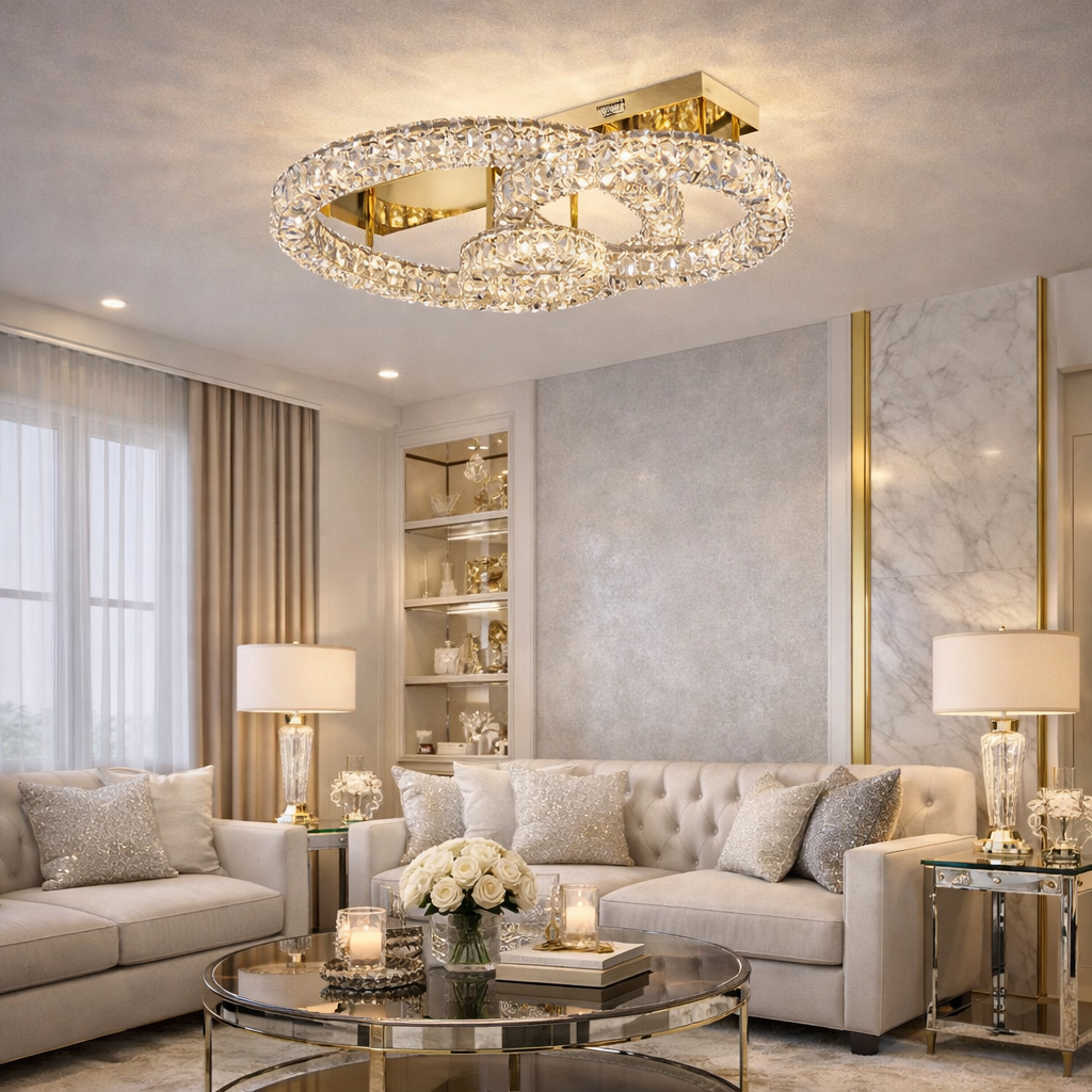 Plafón Cristal Circular Salón INFINITY | Dorado 3 Aros LED