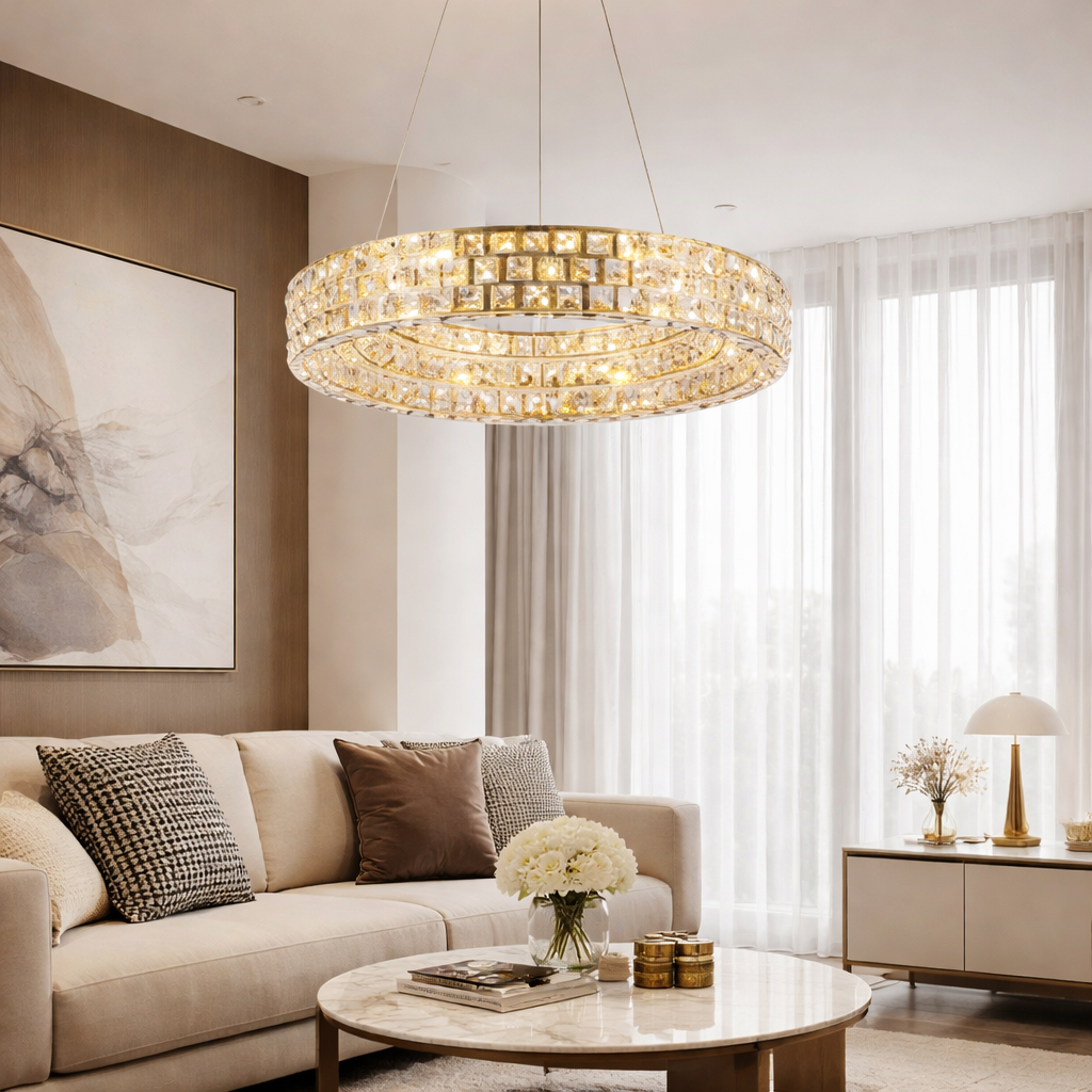 Lámpara Colgante LED Cristal Redonda Habitación AURORA | Dorada