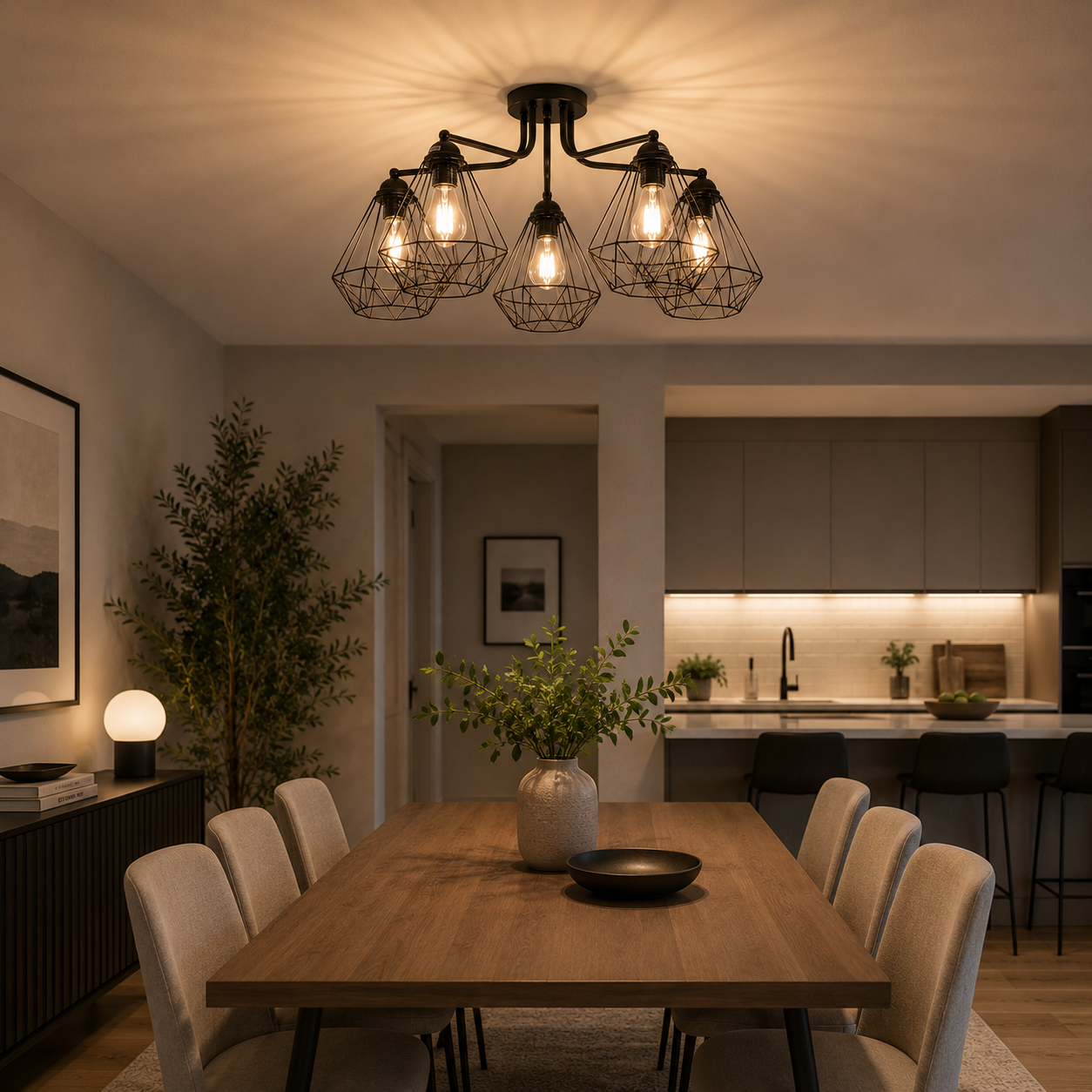 Lámpara Techo Metal Industrial Salón CORNELIO | Negro 5 Luces