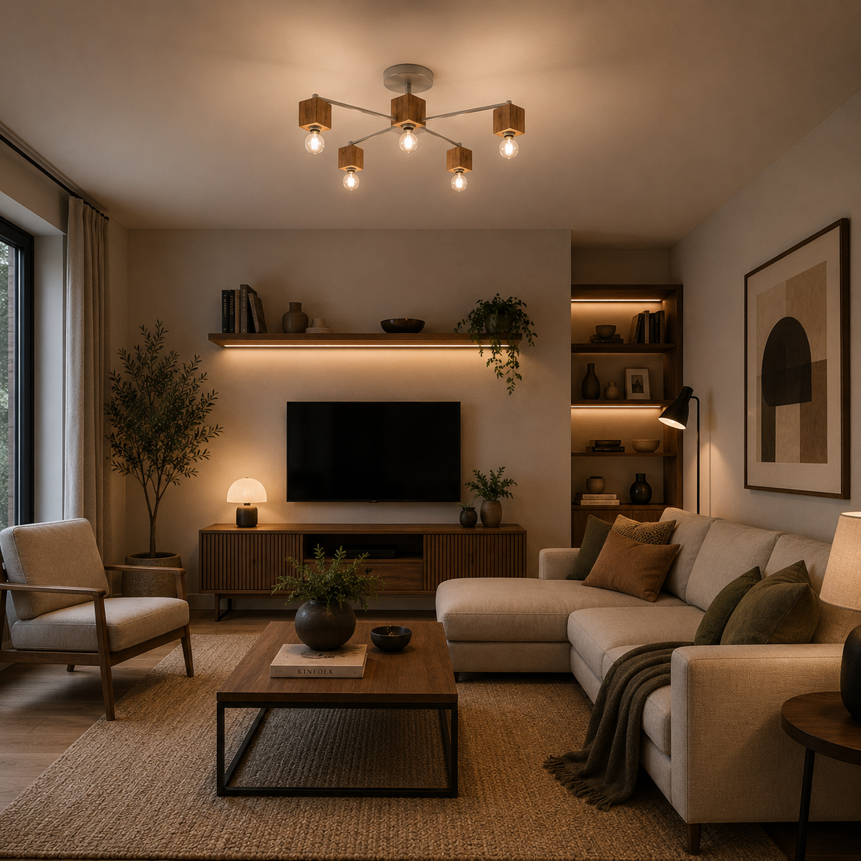 Lámpara Techo Madera Lineal Salón OSLO | Blanco/Madera 5 Luces