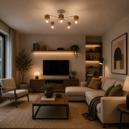 Lámpara Techo Madera Lineal Salón OSLO | Blanco/Madera 5 Luces