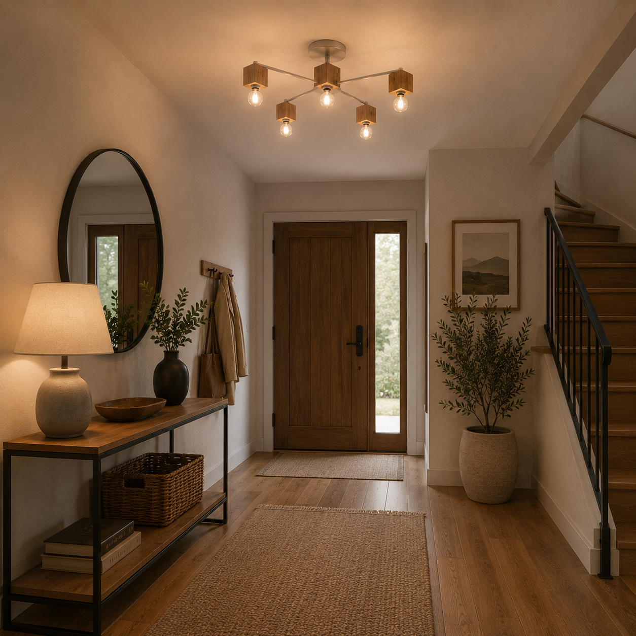 Lámpara Techo Madera Lineal Salón OSLO | Blanco/Madera 5 Luces