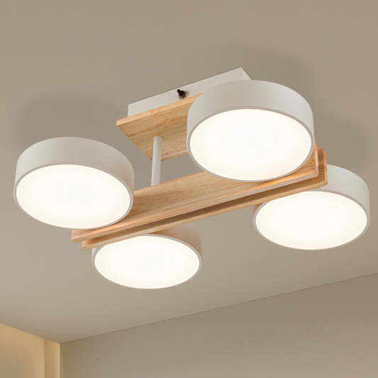 Plafón LED Madera Circular Salón NORDIC | Blanco 4 Luces CCT